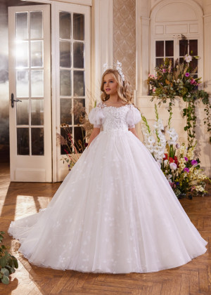 Puff Sleeves Beaded Ivory Organza Lace Romantic Flower Girl Dress